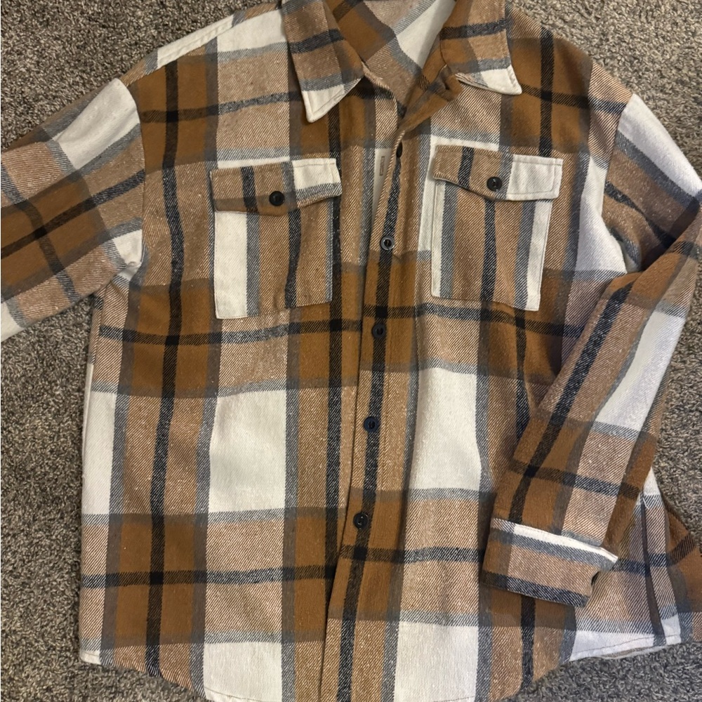 Plaid Button-Up Shirt in Brown and White